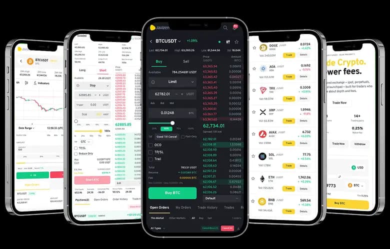 Javizen mobile trading app — order book, spot buy/sell, markets list and portfolio screens