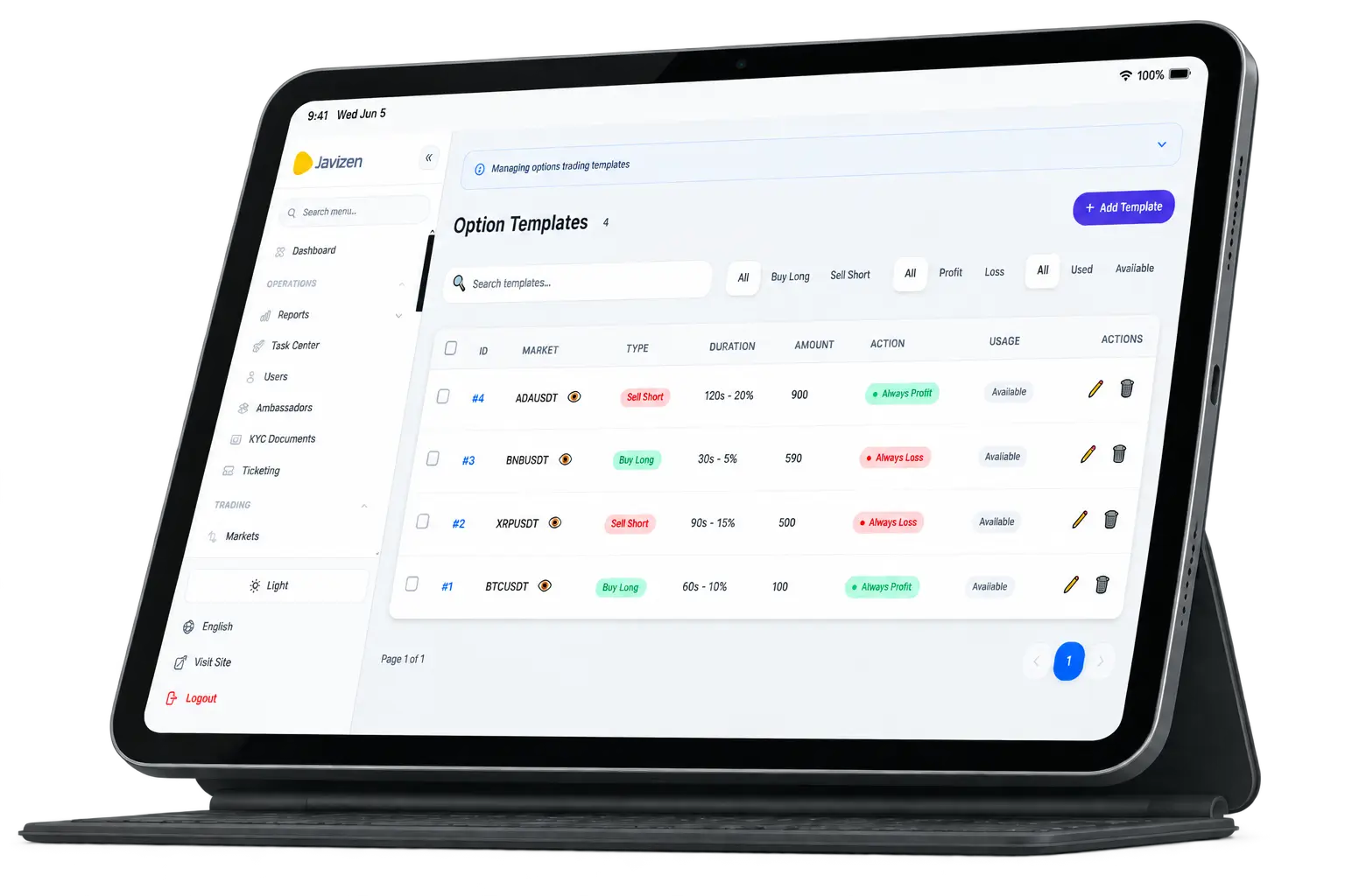 Crypto Options Trading Module interface